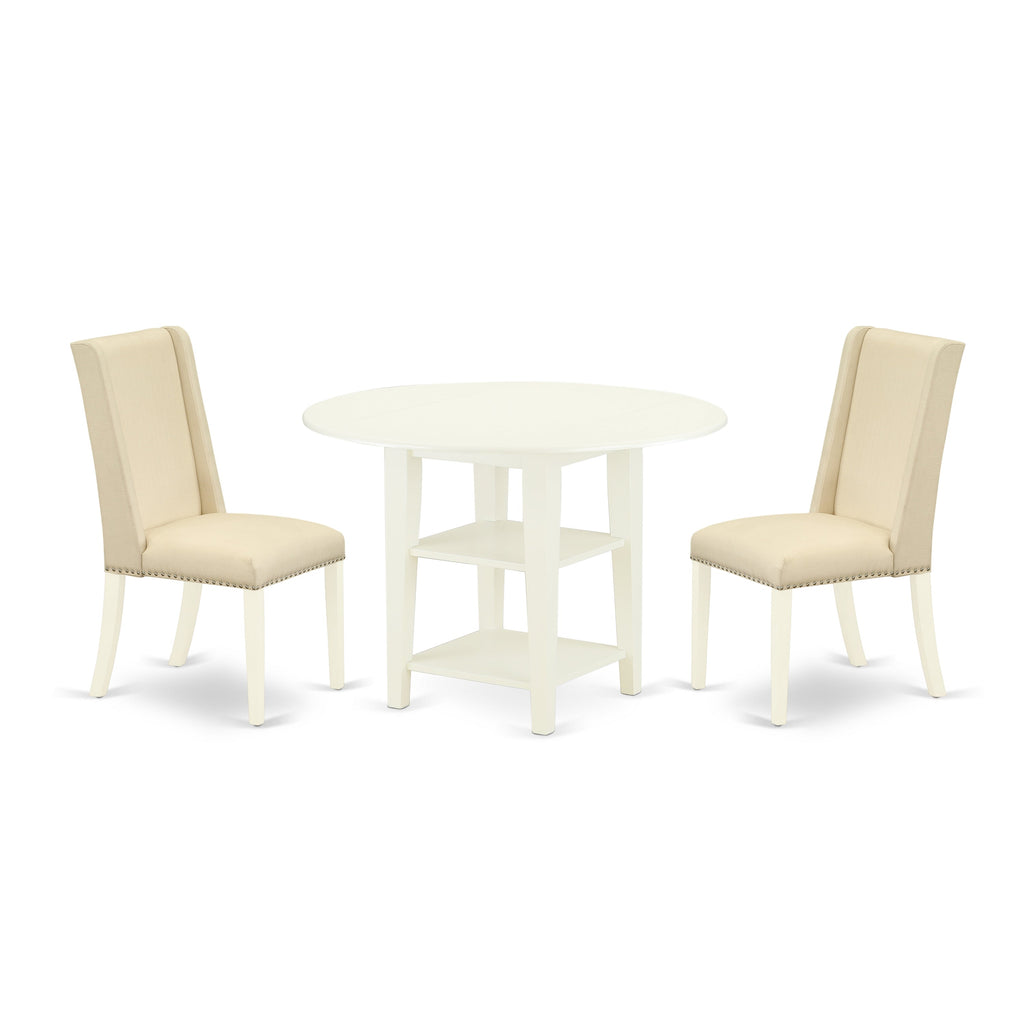 East West Furniture SUFL3-LWH-01 3 Piece Dining Set Contains a Round Dining Room Table with Dropleaf & Shelves and 2 Cream Linen Fabric Upholstered Parson Chairs, 42x42 Inch, Linen White