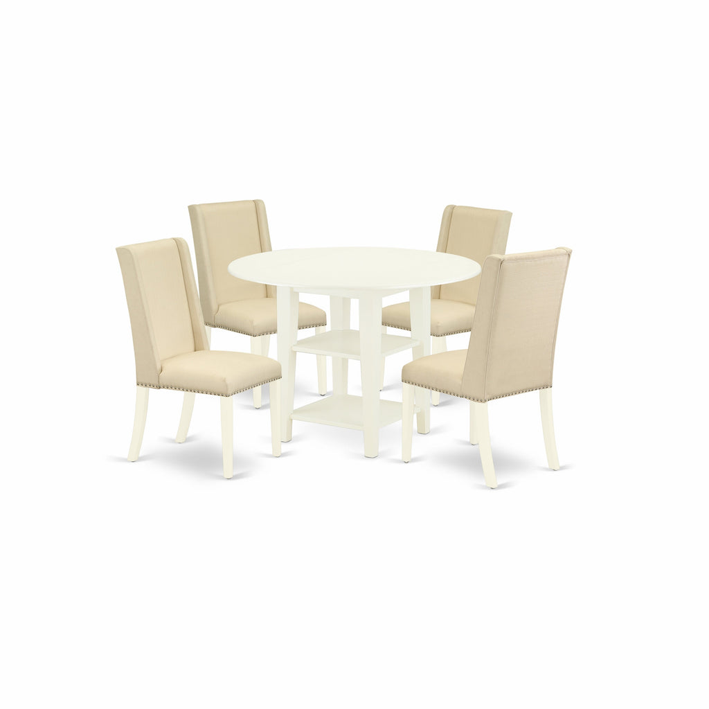 East West Furniture SUFL5-LWH-01 5 Piece Dining Set Includes a Round Dining Room Table with Dropleaf & Shelves and 4 Cream Linen Fabric Upholstered Parson Chairs, 42x42 Inch, Linen White