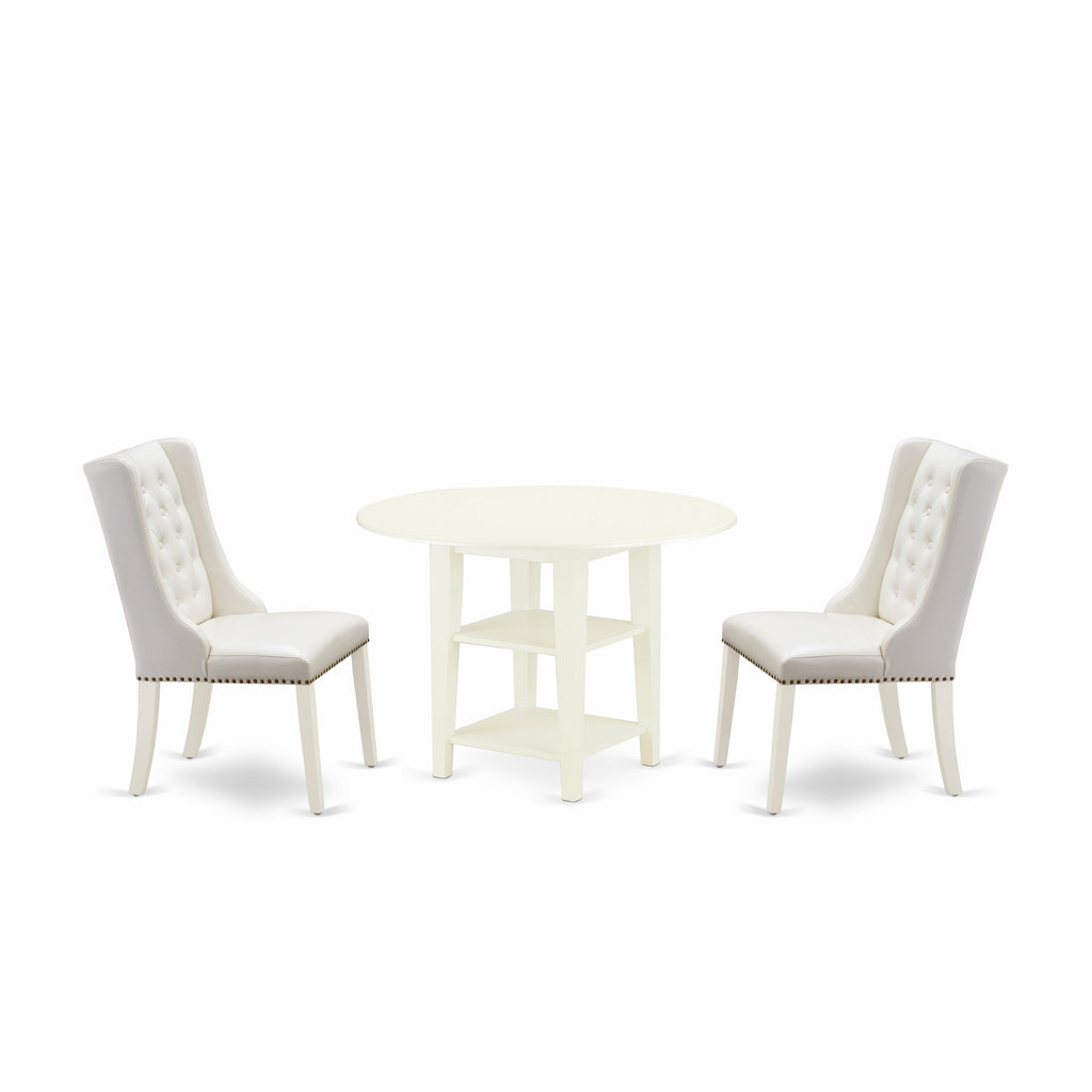 East West Furniture SUFO3-LWH-44 3 Piece Small Dinette Set Contains a Round Dining Table with Dropleaf & Shelves and 2 Light grey Faux Leather Parsons Chairs, 42x42 Inch, Linen White