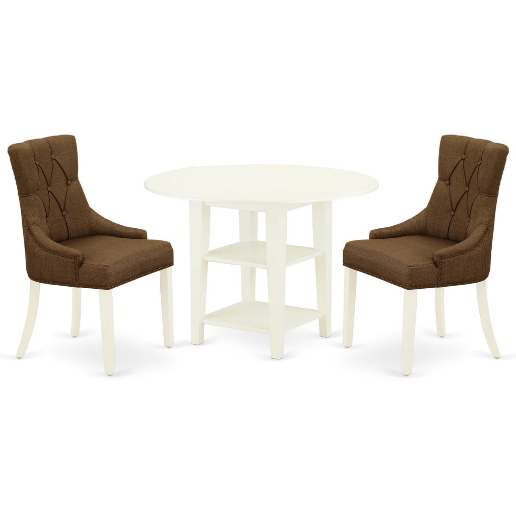 East West Furniture SUFR3-LWH-18 3 Piece Small Dinette Set Contains a Round Dining Table with Dropleaf & Shelves and 2 Brown Linen Linen Fabric Parson Chairs, 42x42 Inch, Linen White