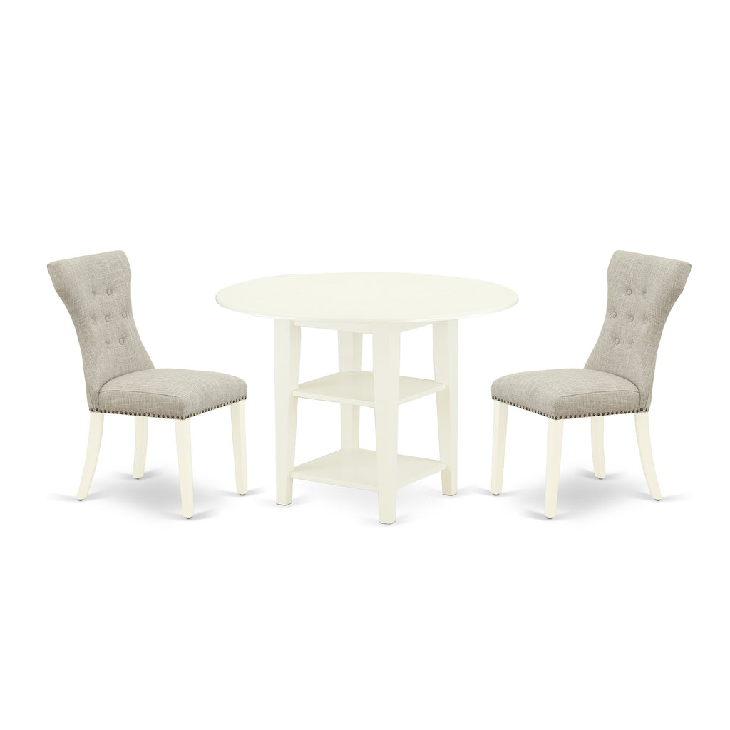 East West Furniture SUGA3-LWH-35 3 Piece Kitchen Table Set for Small Spaces Contains a Round Dining Table with Dropleaf and 2 Doeskin Linen Fabric Upholstered Chairs, 42x42 Inch, Linen White