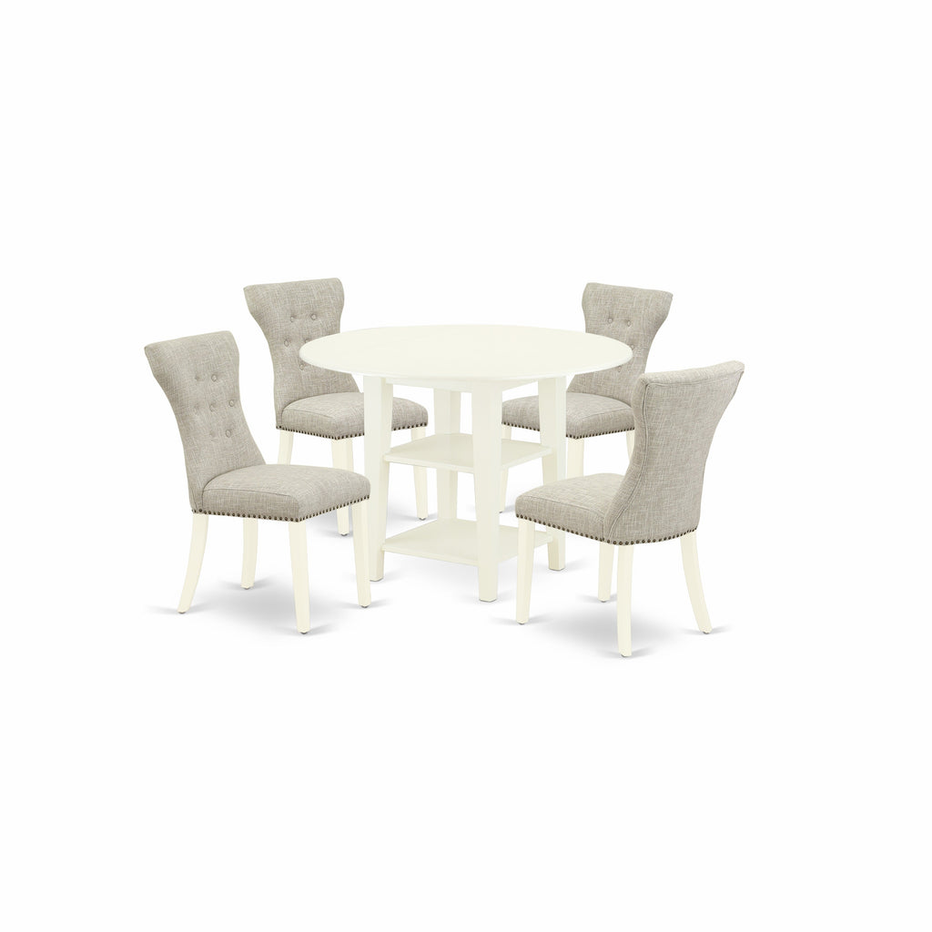 East West Furniture SUGA5-LWH-35 5 Piece Dining Room Table Set Includes a Round Dining Table with Dropleaf & Shelves and 4 Doeskin Linen Fabric Upholstered Chairs, 42x42 Inch, Linen White