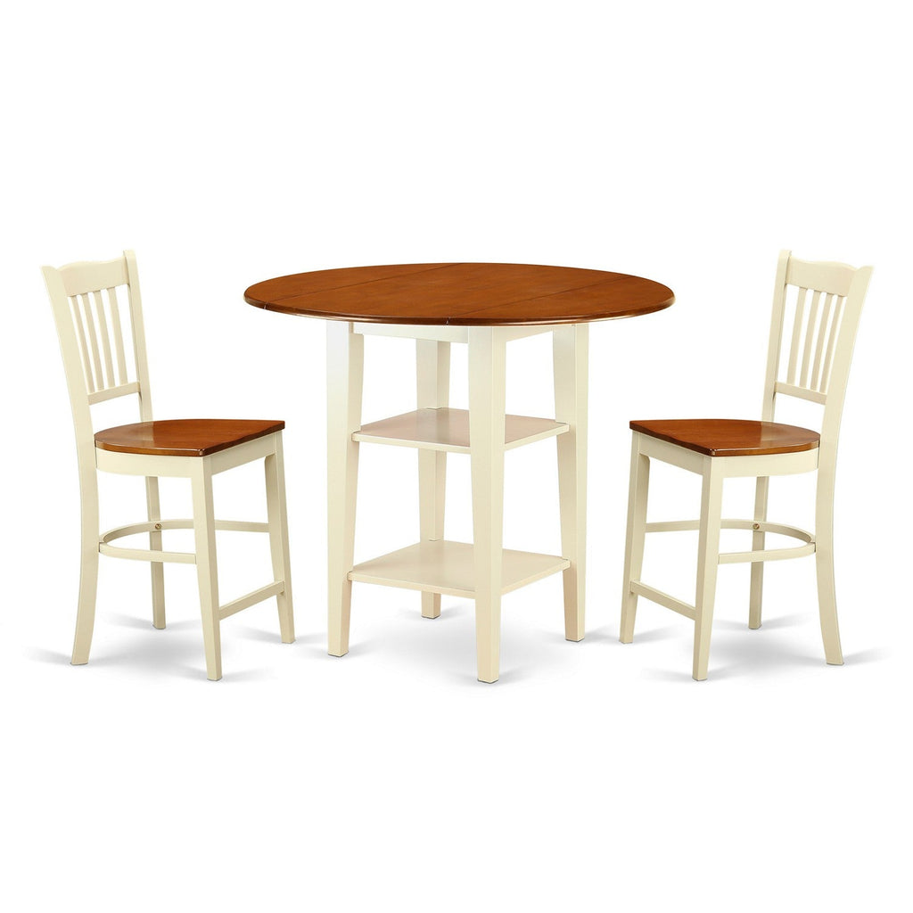 East West Furniture SUGR3H-BMK-W 3 Piece Kitchen Counter Set for Small Spaces Contains a Round Dining Table with Dropleaf & Shelves and 2 Dining Room Chairs, 42x42 Inch, Buttermilk & Cherry