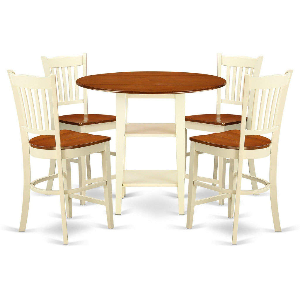 East West Furniture SUGR5H-BMK-W 5 Piece Counter Height Dining Table Set Includes a Round Kitchen Table with Dropleaf & Shelves and 4 Dining Room Chairs, 42x42 Inch, Buttermilk & Cherry
