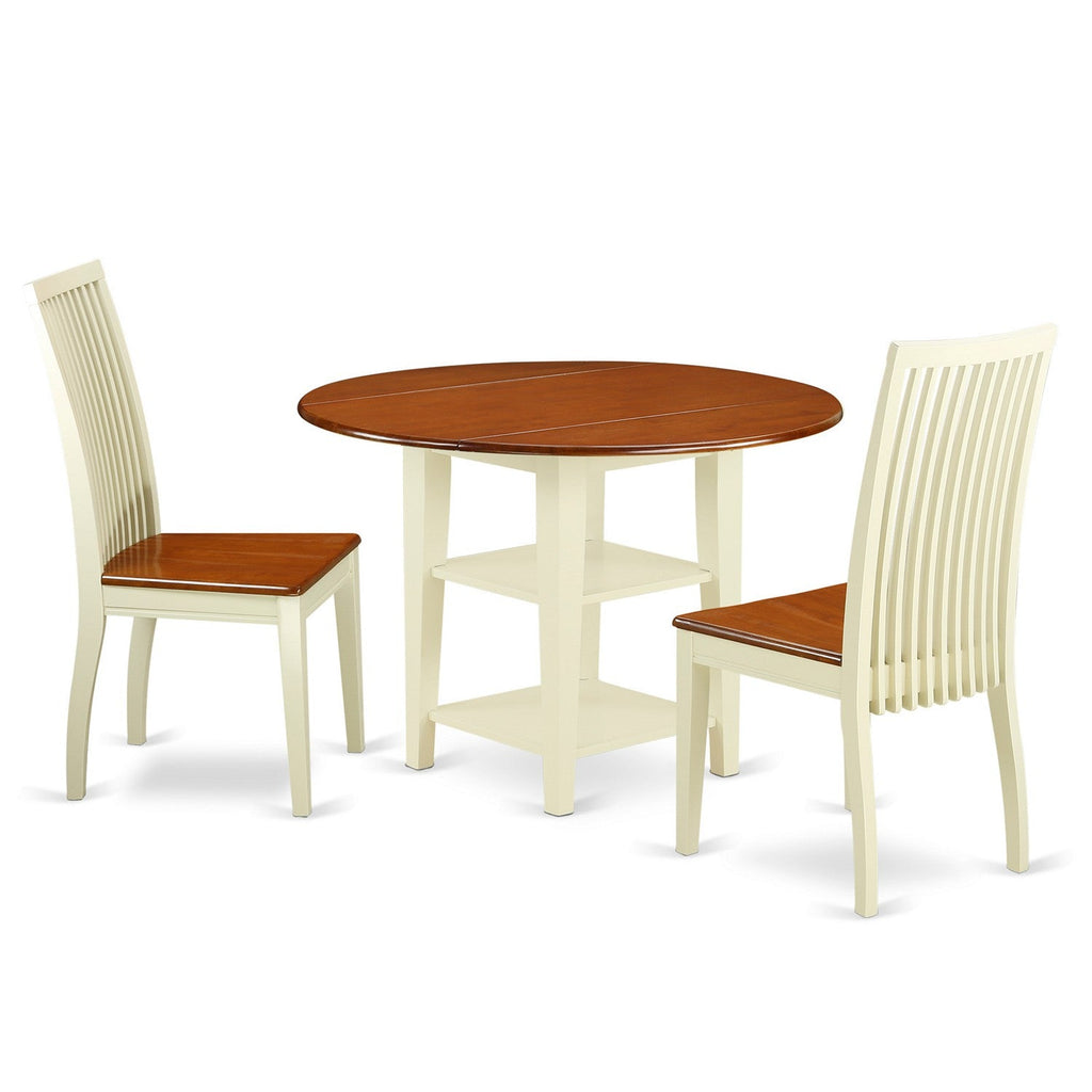 East West Furniture SUIP3-BMK-W 3 Piece Kitchen Table & Chairs Set Contains a Round Dining Room Table with Dropleaf & Shelves and 2 Dining Chairs, 42x42 Inch, Buttermilk & Cherry