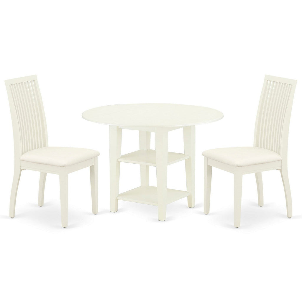 East West Furniture SUIP3-LWH-C 3 Piece Modern Dining Table Set Contains a Round Wooden Table with Dropleaf & Shelves and 2 Linen Fabric Kitchen Dining Chairs, 42x42 Inch, Linen White