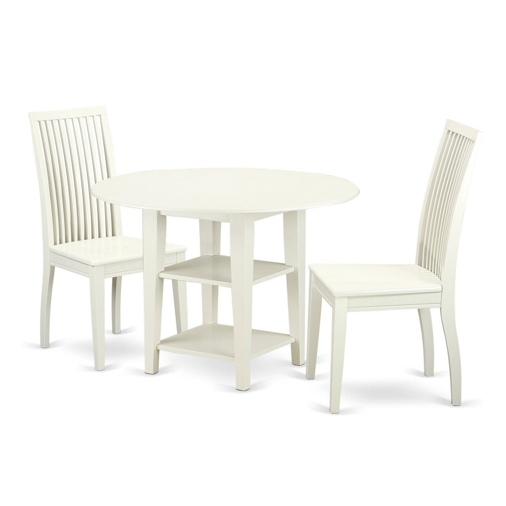 East West Furniture SUIP3-LWH-W 3 Piece Dining Room Table Set Contains a Round Kitchen Table with Dropleaf & Shelves and 2 Dining Chairs, 42x42 Inch, Linen White