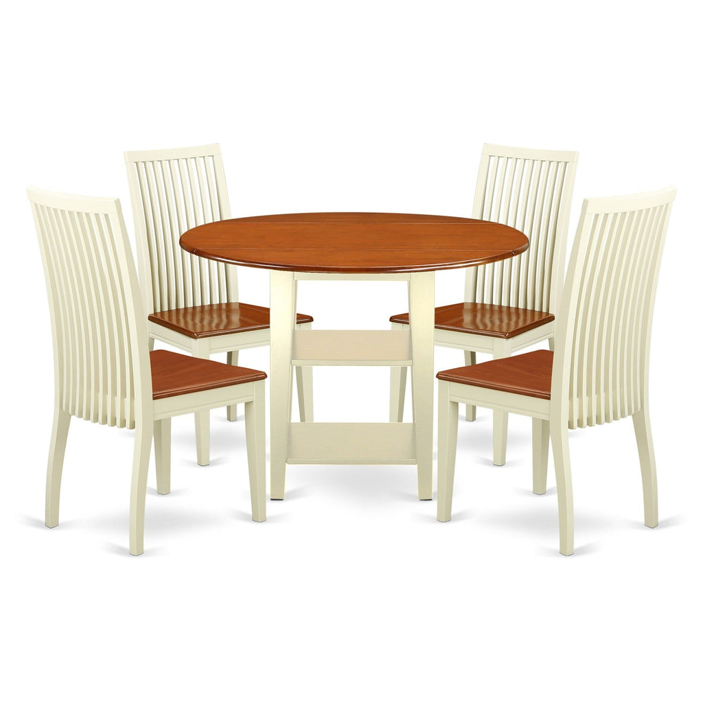 East West Furniture SUIP5-BMK-W 5 Piece Dining Set Includes a Round Dining Room Table with Dropleaf & Shelves and 4 Wood Seat Chairs, 42x42 Inch, Buttermilk & Cherry