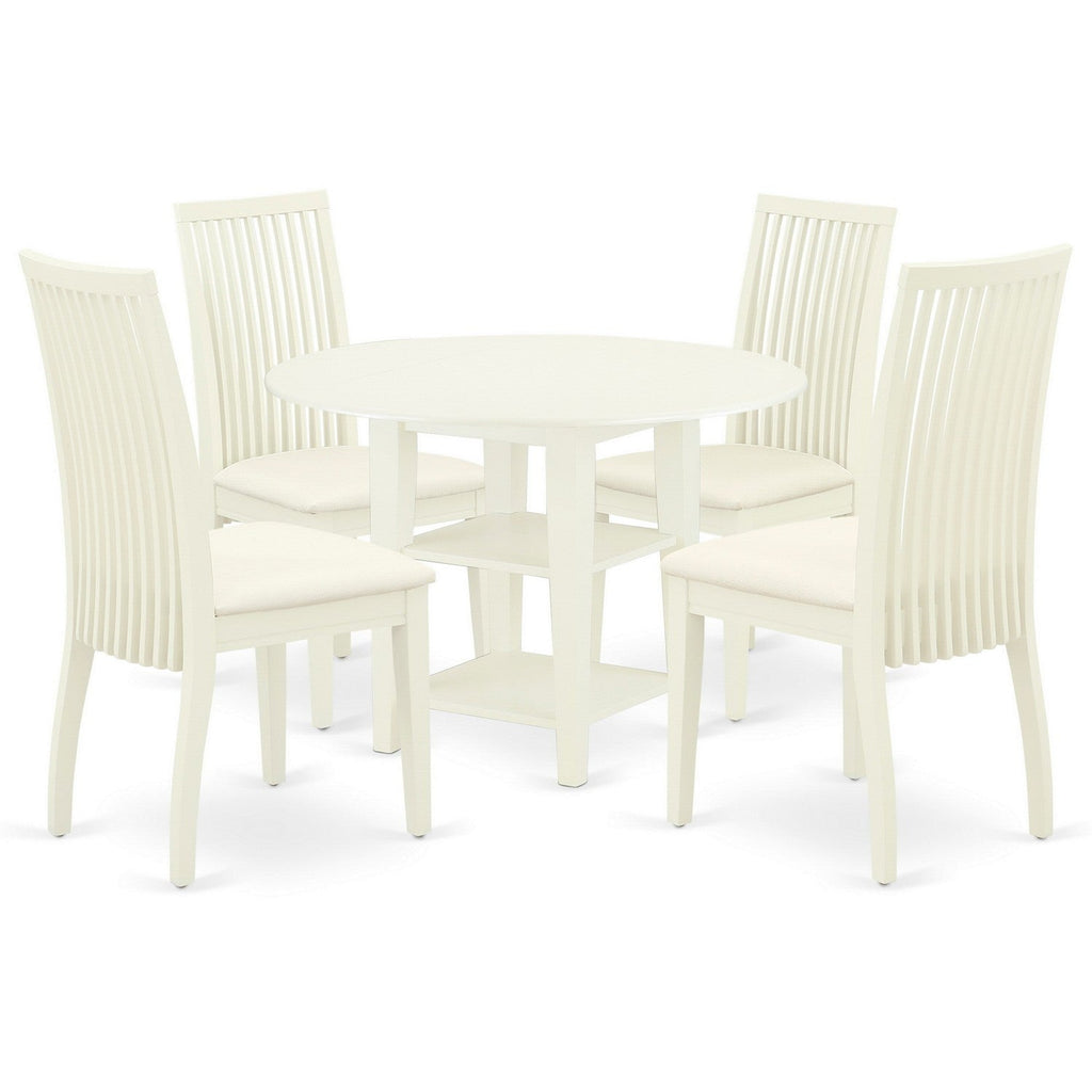 East West Furniture SUIP5-LWH-C 5 Piece Dining Table Set for 4 Includes a Round Kitchen Table with Dropleaf & Shelves and 4 Linen Fabric Upholstered Chairs, 42x42 Inch, Linen White