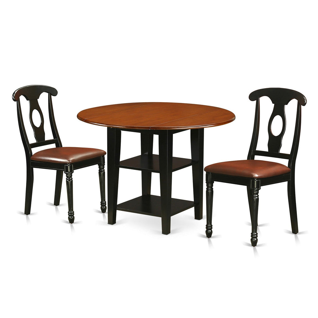 SUKE3-BCH-LC 3 Piece Sudbury Set With One Round Dinette Table And Two Dinette Chairs With Faux Leather Seat In A Rich Black and Cherry Finish.