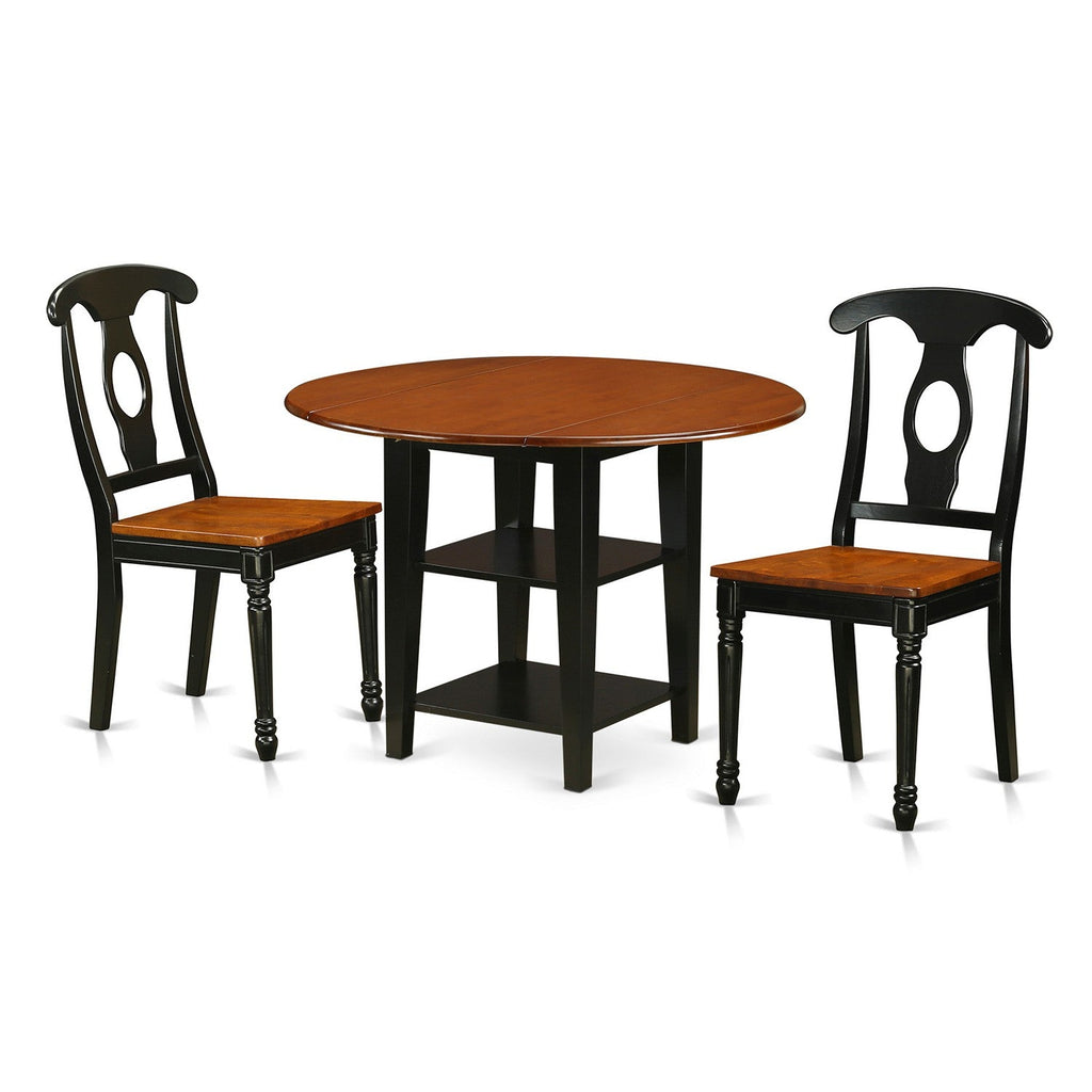 East West Furniture SUKE3-BCH-W 3 Piece Dining Room Furniture Set Contains a Round Kitchen Table with Dropleaf & Shelves and 2 Dining Chairs, 42x42 Inch, Black & Cherry