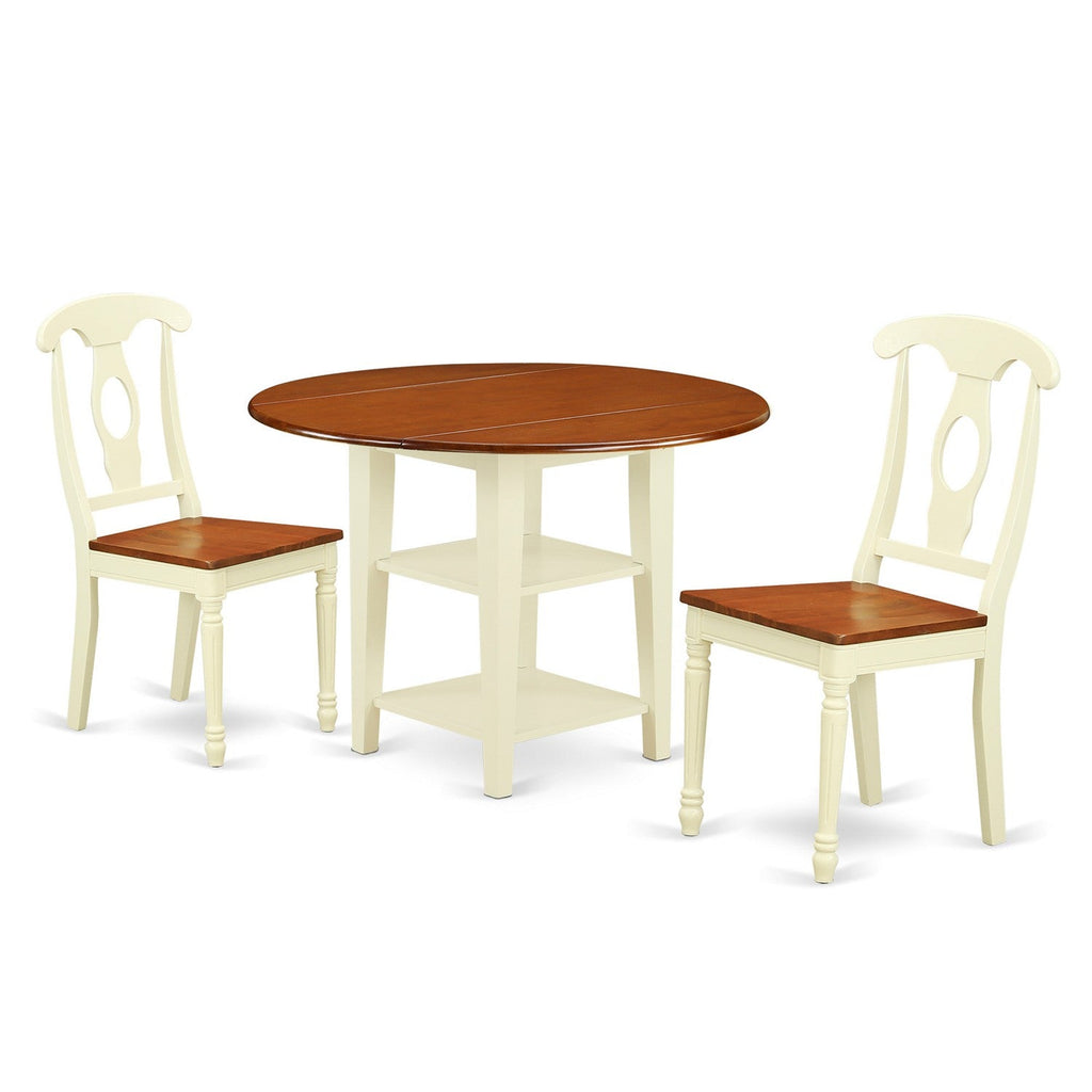 East West Furniture SUKE3-BMK-W 3 Piece Dining Table Set for Small Spaces Contains a Round Dining Room Table with Dropleaf & Shelves and 2 Wooden Seat Chairs, 42x42 Inch, Buttermilk & Cherry