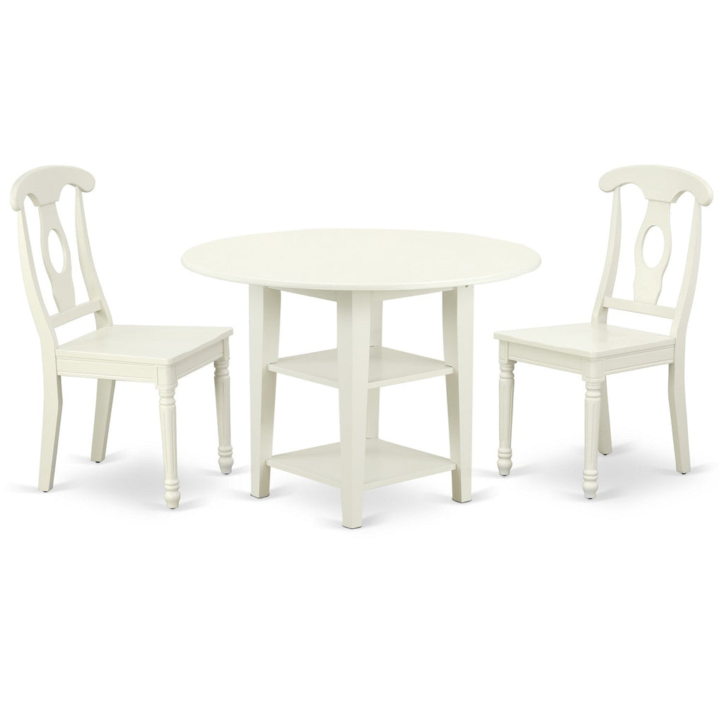 East West Furniture SUKE3-LWH-W 3 Piece Kitchen Table Set for Small Spaces Contains a Round Dining Table with Dropleaf & Shelves and 2 Dining Room Chairs, 42x42 Inch, Linen White