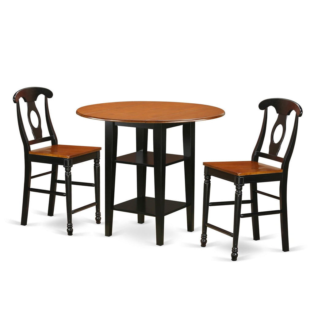 East West Furniture SUKE3H-BCH-W 3 Piece Counter Height Dining Table Set Contains a Round Wooden Table with Dropleaf & Shelves and 2 Kitchen Dining Chairs, 42x42 Inch, Black & Cherry