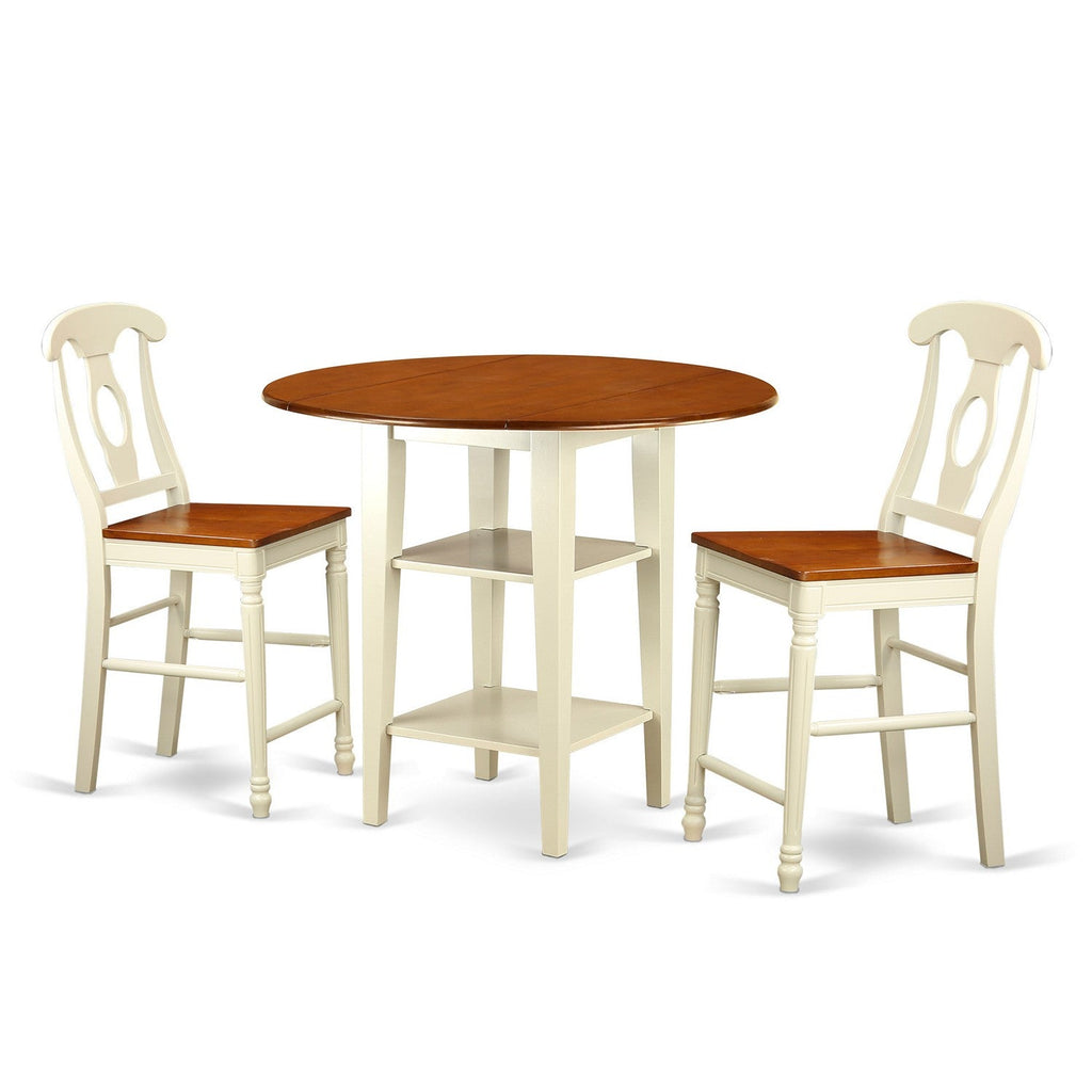 East West Furniture SUKE3H-BMK-W 3 Piece Kitchen Counter Height Dining Table Set Contains a Round Wooden Table with Dropleaf & Shelves and 2 Dining Chairs, 42x42 Inch, Buttermilk & Cherry