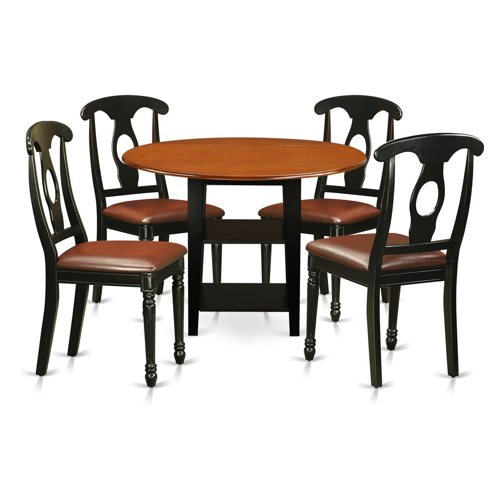 East West Furniture SUKE5-BCH-LC 5 Piece Dining Table Set for 4 Includes a Round Kitchen Table with Dropleaf & Shelves and 4 Faux Leather Kitchen Dining Chairs, 42x42 Inch, Black & Cherry