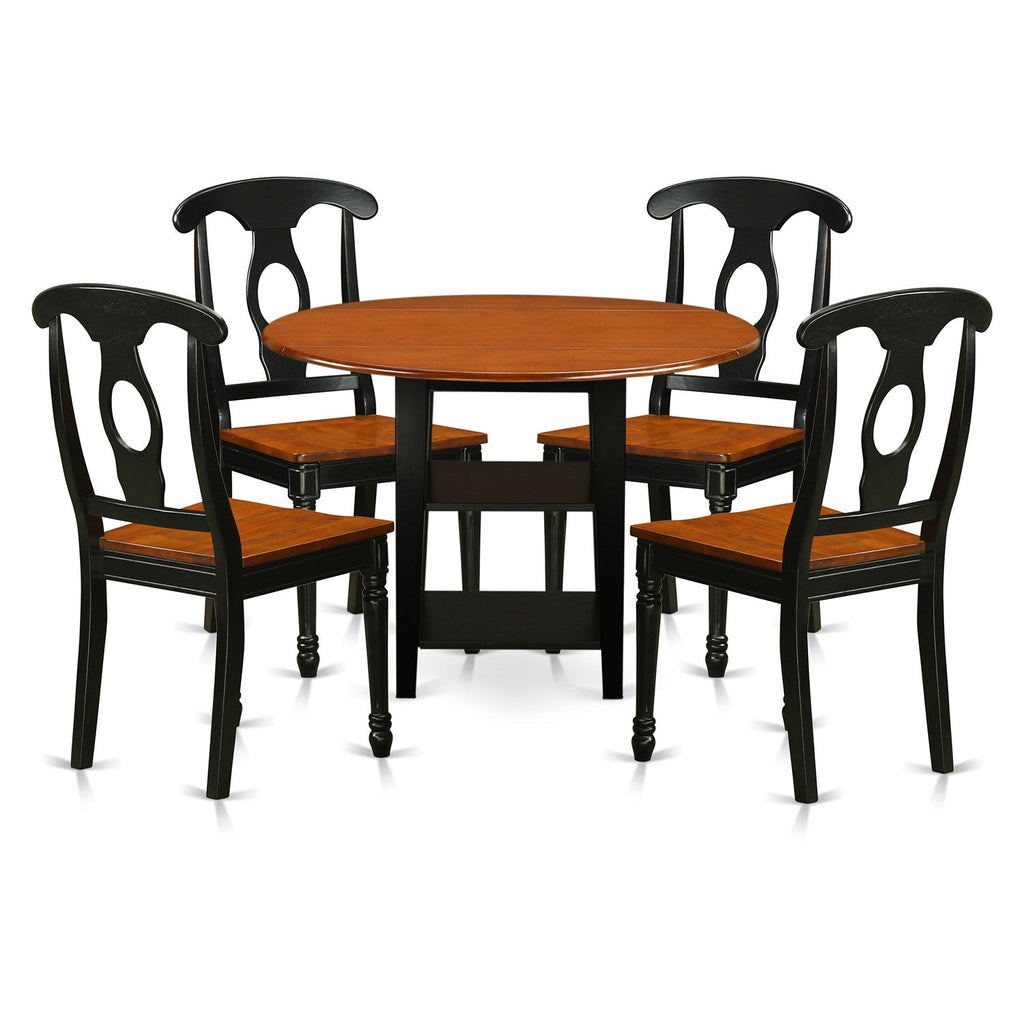 East West Furniture SUKE5-BCH-W 5 Piece Kitchen Table Set for 4 Includes a Round Dining Room Table with Dropleaf & Shelves and 4 Dining Chairs, 42x42 Inch, Black & Cherry