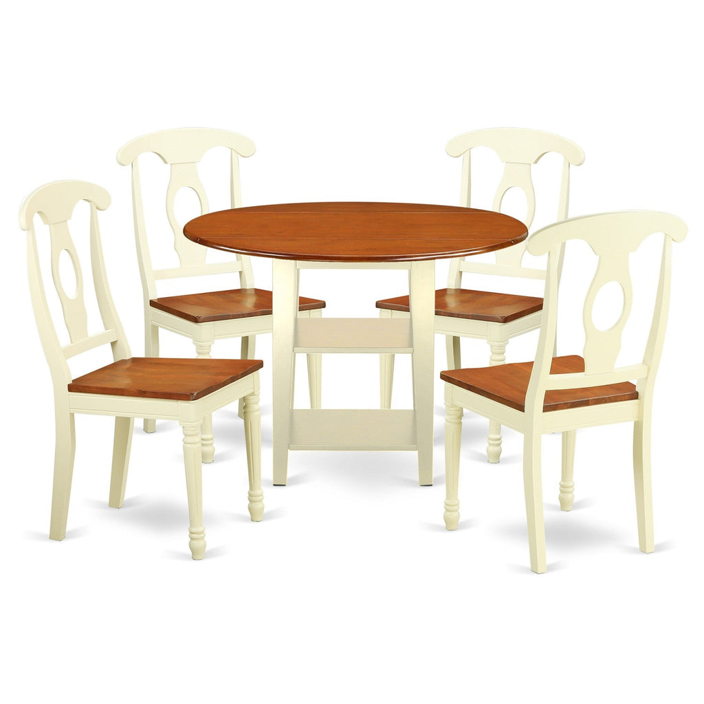 East West Furniture SUKE5-BMK-W 5 Piece Kitchen Table Set for 4 Includes a Round Dining Room Table with Dropleaf & Shelves and 4 Dining Chairs, 42x42 Inch, Buttermilk & Cherry