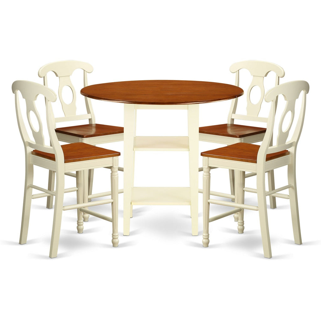 East West Furniture SUKE5H-BMK-W 5 Piece Kitchen Counter Height Dining Table Set Includes a Round Wooden Table with Dropleaf & Shelves and 4 Wooden Chairs, 42x42 Inch, Buttermilk & Cherry