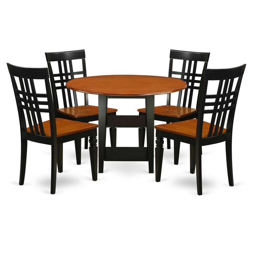 East West Furniture SULG5-BCH-W 5 Piece Kitchen Table Set for 4 Includes a Round Dining Room Table with Dropleaf & Shelves and 4 Dining Chairs, 42x42 Inch, Black & Cherry