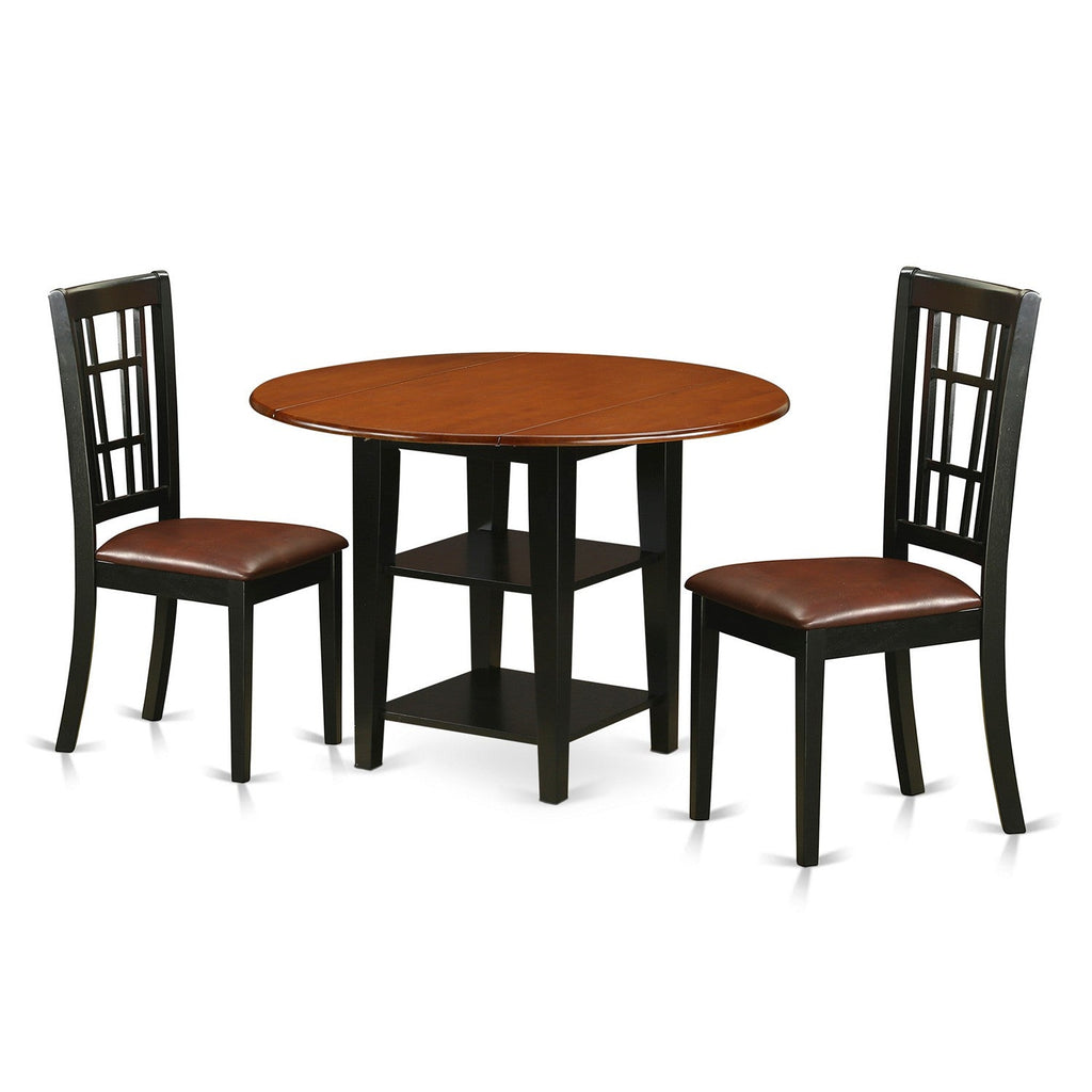 East West Furniture SUNI3-BCH-LC 3 Piece Kitchen Table Set Contains a Round Dining Table with Dropleaf & Shelves and 2 Faux Leather Dining Room Chairs, 42x42 Inch, Black & Cherry