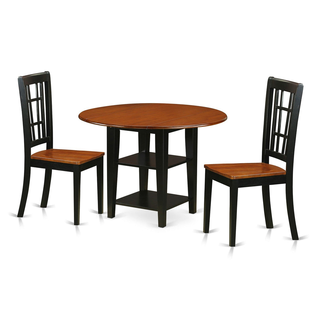 East West Furniture SUNI3-BCH-W 3 Piece Dinette Set for Small Spaces Contains a Round Dining Table with Dropleaf & Shelves and 2 Dining Chairs, 42x42 Inch, Black & Cherry