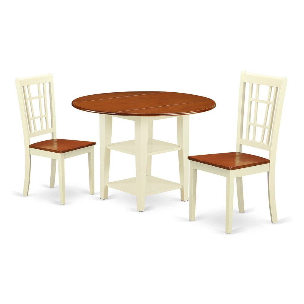 East West Furniture SUNI3-BMK-W 3 Piece Kitchen Table Set for Small Spaces Contains a Round Dining Room Table with Dropleaf & Shelves and 2 Dining Chairs, 42x42 Inch, Buttermilk & Cherry