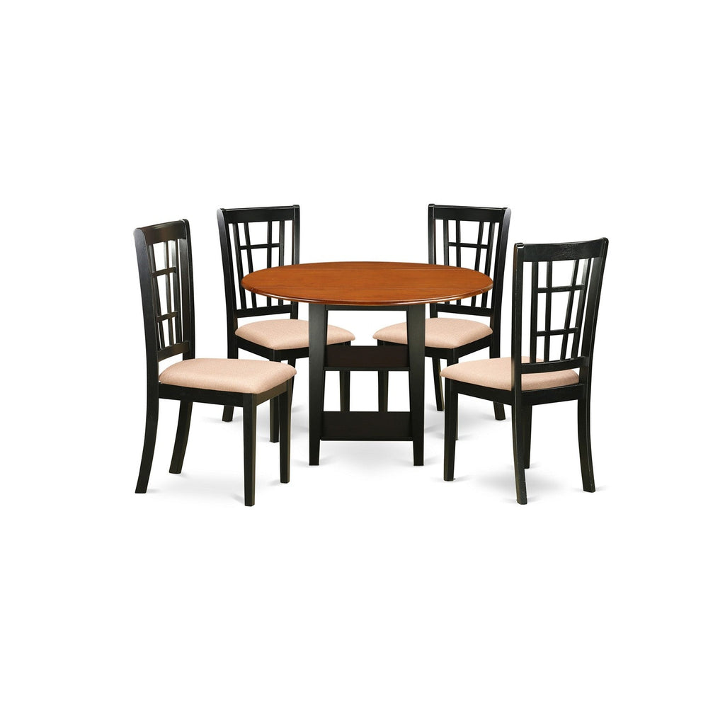 East West Furniture SUNI5-BCH-C 5 Piece Dining Set Includes a Round Dining Room Table with Dropleaf & Shelves and 4 Linen Fabric Upholstered Chairs, 42x42 Inch, Black & Cherry