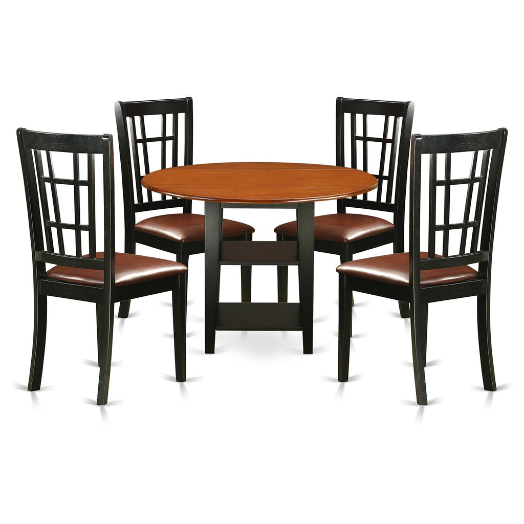 East West Furniture SUNI5-BCH-LC 5 Piece Dining Table Set for 4 Includes a Round Kitchen Table with Dropleaf & Shelves and 4 Faux Leather Kitchen Dining Chairs, 42x42 Inch, Black & Cherry