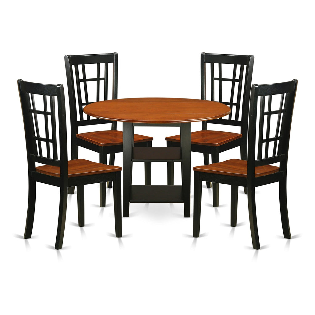 East West Furniture SUNI5-BCH-W 5 Piece Dining Room Furniture Set Includes a Round Dining Table with Dropleaf & Shelves and 4 Wood Seat Chairs, 42x42 Inch, Black & Cherry