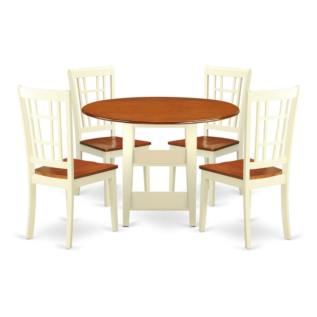 East West Furniture SUNI5-BMK-W 5 Piece Modern Dining Table Set Includes a Round Wooden Table with Dropleaf & Shelves and 4 Dining Room Chairs, 42x42 Inch, Buttermilk & Cherry