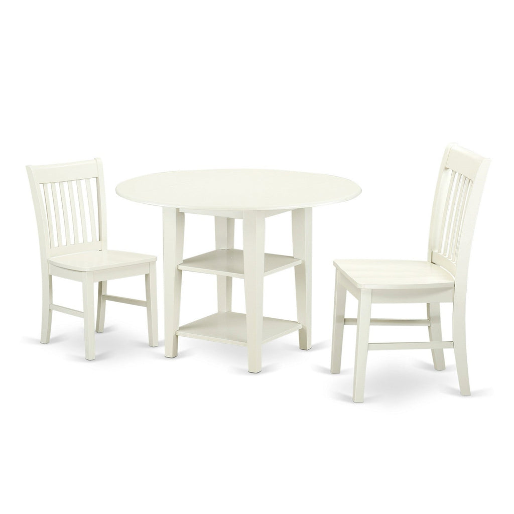 East West Furniture SUNO3-LWH-W 3 Piece Dining Room Furniture Set Contains a Round Kitchen Table with Dropleaf & Shelves and 2 Dining Chairs, 42x42 Inch, Linen White
