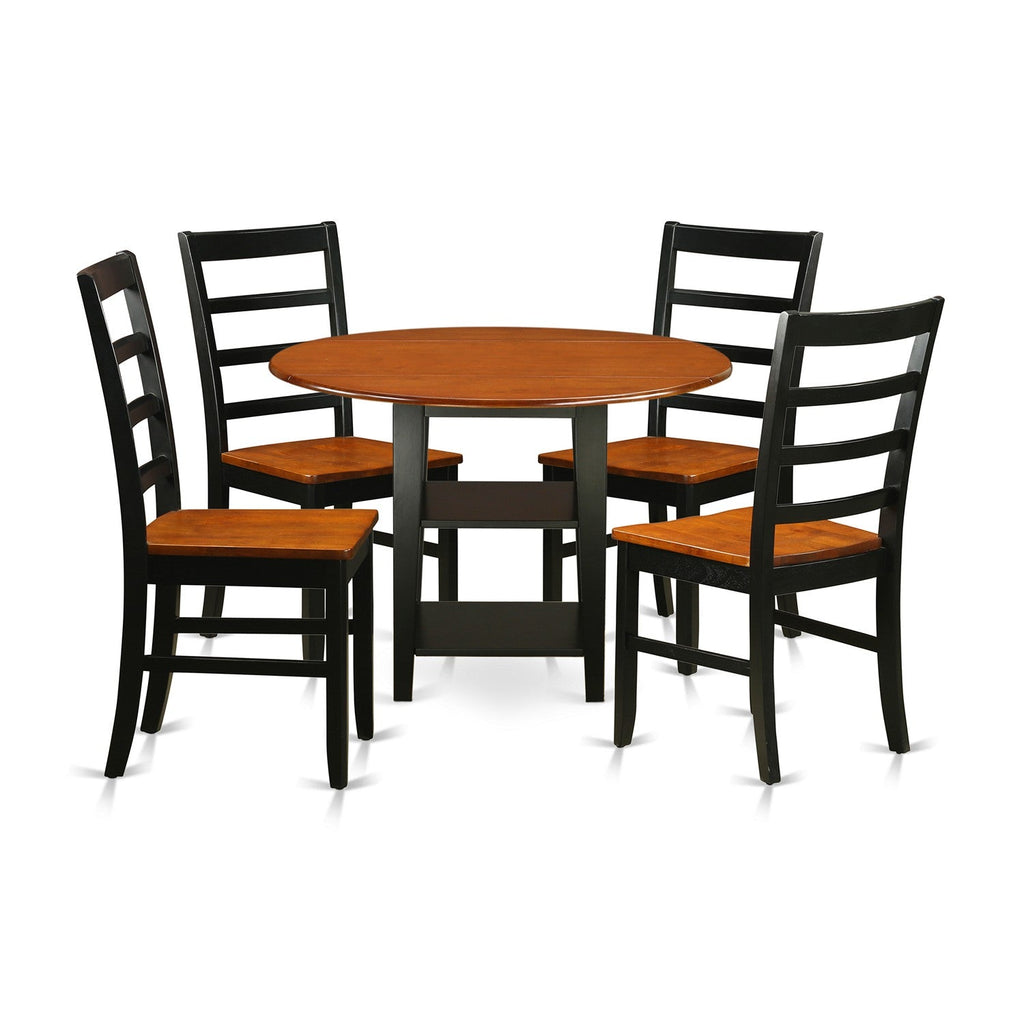 East West Furniture SUPF5-BCH-W 5 Piece Dining Set Includes a Round Dining Table with Dropleaf & Shelves and 4 Kitchen Chairs, 42x42 Inch, Black & Cherry