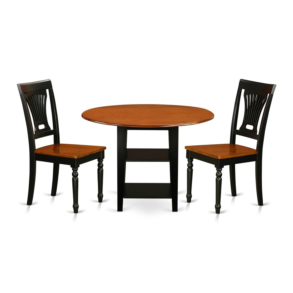 East West Furniture SUPL3-BCH-W 3 Piece Dining Set Contains a Round Dining Room Table with Dropleaf & Shelves and 2 Kitchen Chairs, 42x42 Inch, Black & Cherry