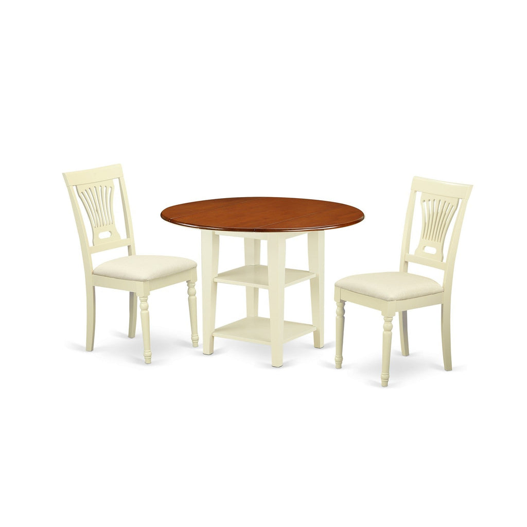 East West Furniture SUPL3-BMK-C 3 Piece Dining Table Set Contains a Round Dining Room Table with Dropleaf & Shelves and 2 Linen Fabric Upholstered Chairs, 42x42 Inch, Buttermilk & Cherry