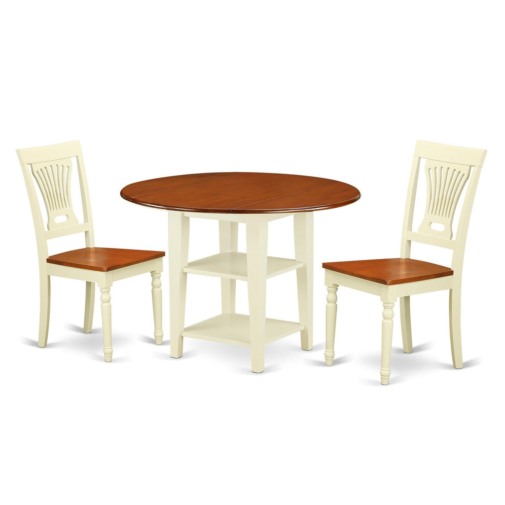 East West Furniture SUPL3-BMK-W 3 Piece Kitchen Table & Chairs Set Contains a Round Dining Room Table with Dropleaf & Shelves and 2 Solid Wood Seat Chairs, 42x42 Inch, Buttermilk & Cherry