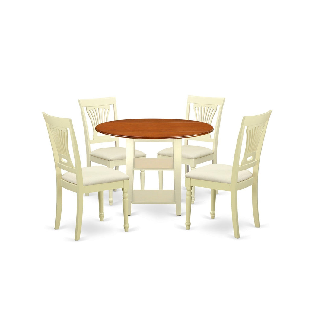 East West Furniture SUPL5-BMK-C 5 Piece Dining Room Furniture Set Includes a Round Kitchen Table with Dropleaf & Shelves and 4 Linen Fabric Upholstered Chairs, 42x42 Inch, Buttermilk & Cherry