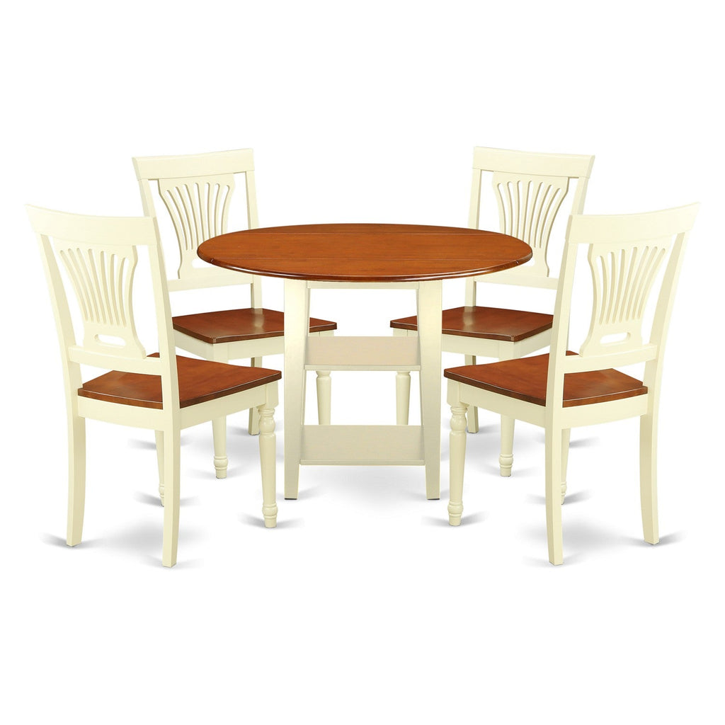 East West Furniture SUPL5-BMK-W 5 Piece Dining Room Table Set Includes a Round Kitchen Table with Dropleaf & Shelves and 4 Dining Chairs, 42x42 Inch, Buttermilk & Cherry