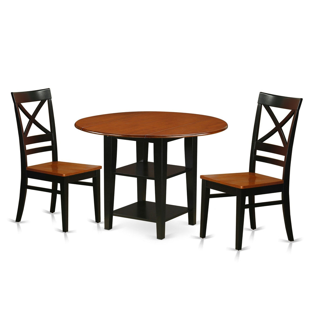 East West Furniture SUQU3-BCH-W 3 Piece Kitchen Table Set for Small Spaces Contains a Round Dining Room Table with Dropleaf & Shelves and 2 Solid Wood Seat Chairs, 42x42 Inch, Black & Cherry