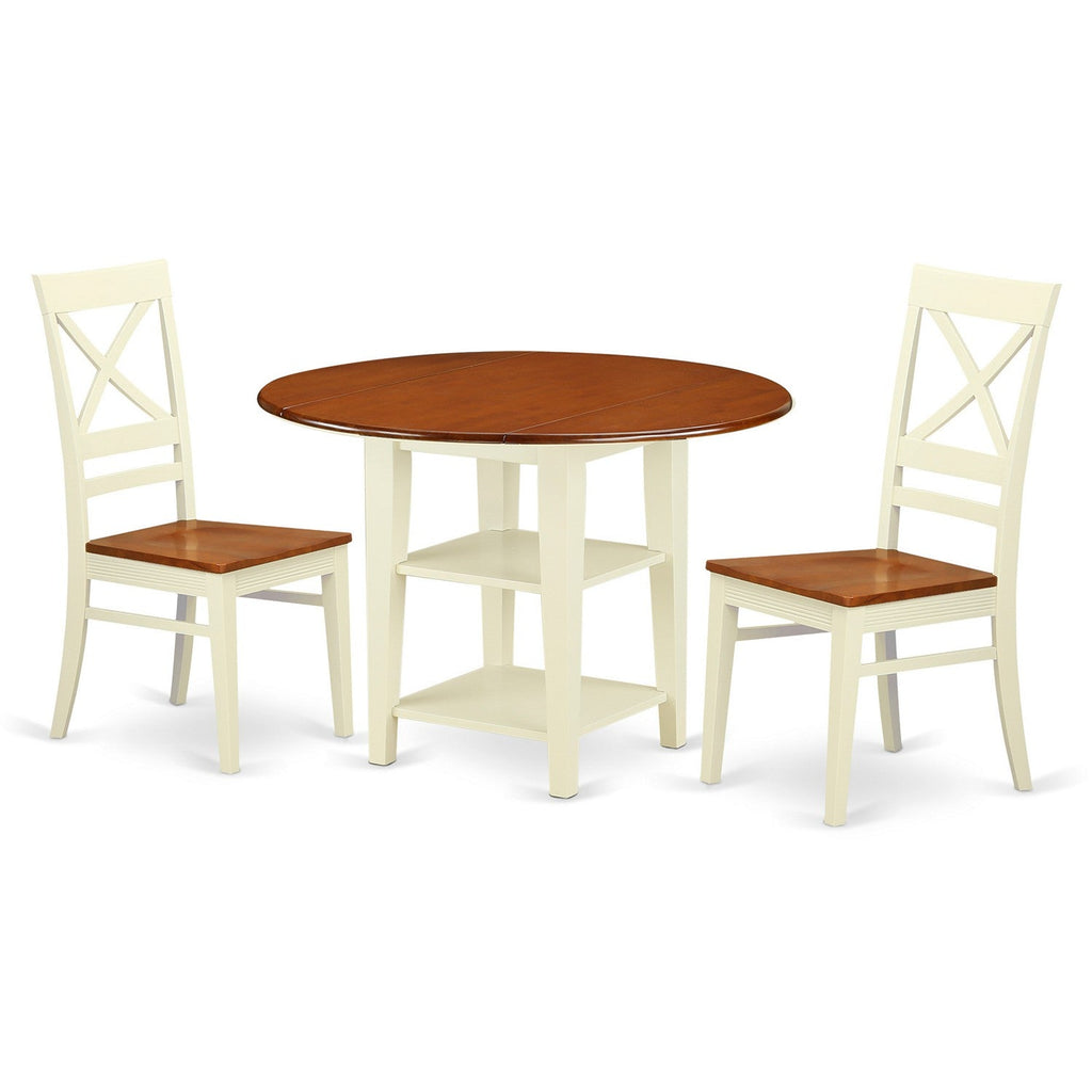 East West Furniture SUQU3-BMK-W 3 Piece Modern Dining Table Set Contains a Round Wooden Table with Dropleaf & Shelves and 2 Dining Chairs, 42x42 Inch, Buttermilk & Cherry
