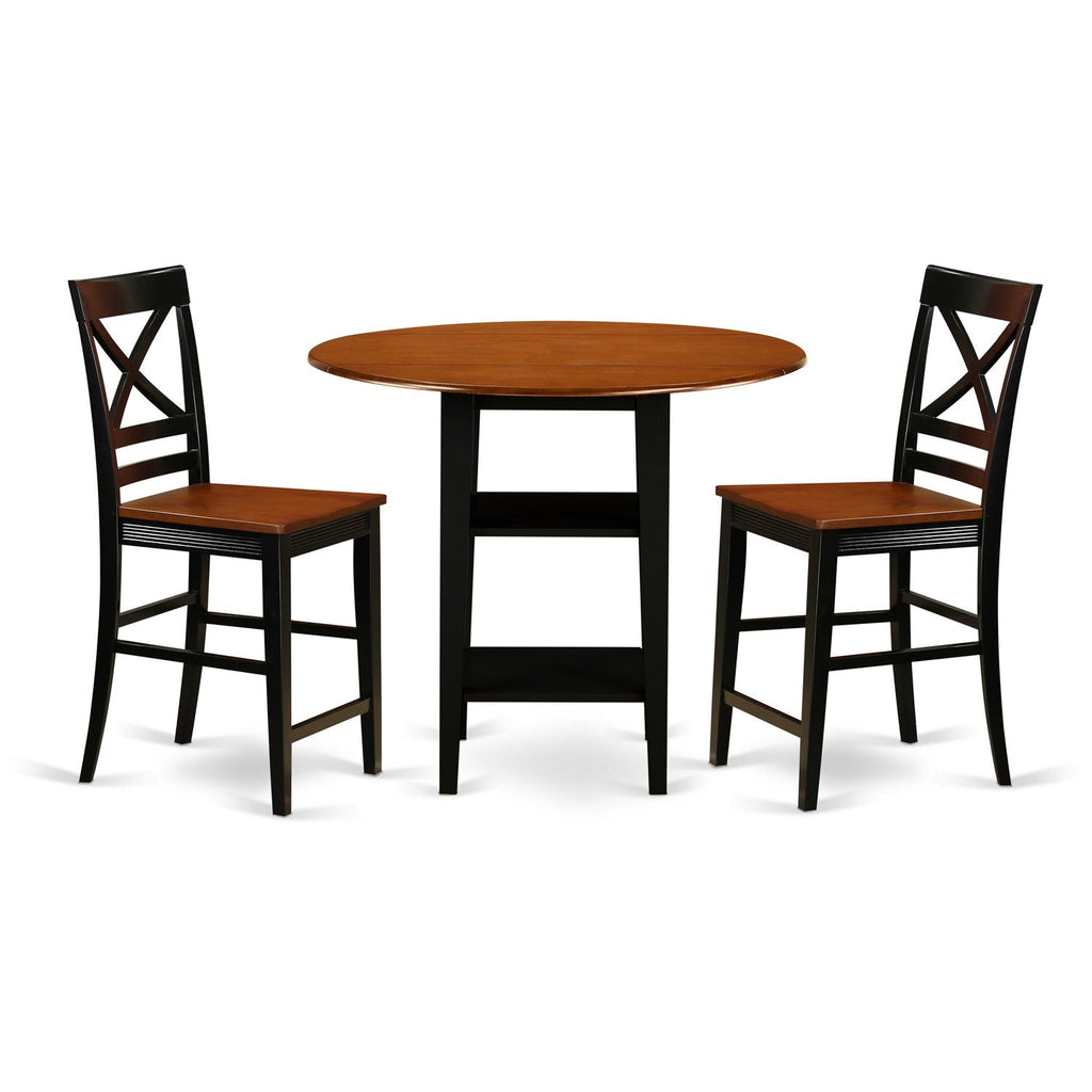 East West Furniture SUQU3H-BCH-W 3 Piece Counter Height Dining Table Set Contains a Round Kitchen Table with Dropleaf & Shelves and 2 Dining Room Chairs, 42x42 Inch, Black & Cherry