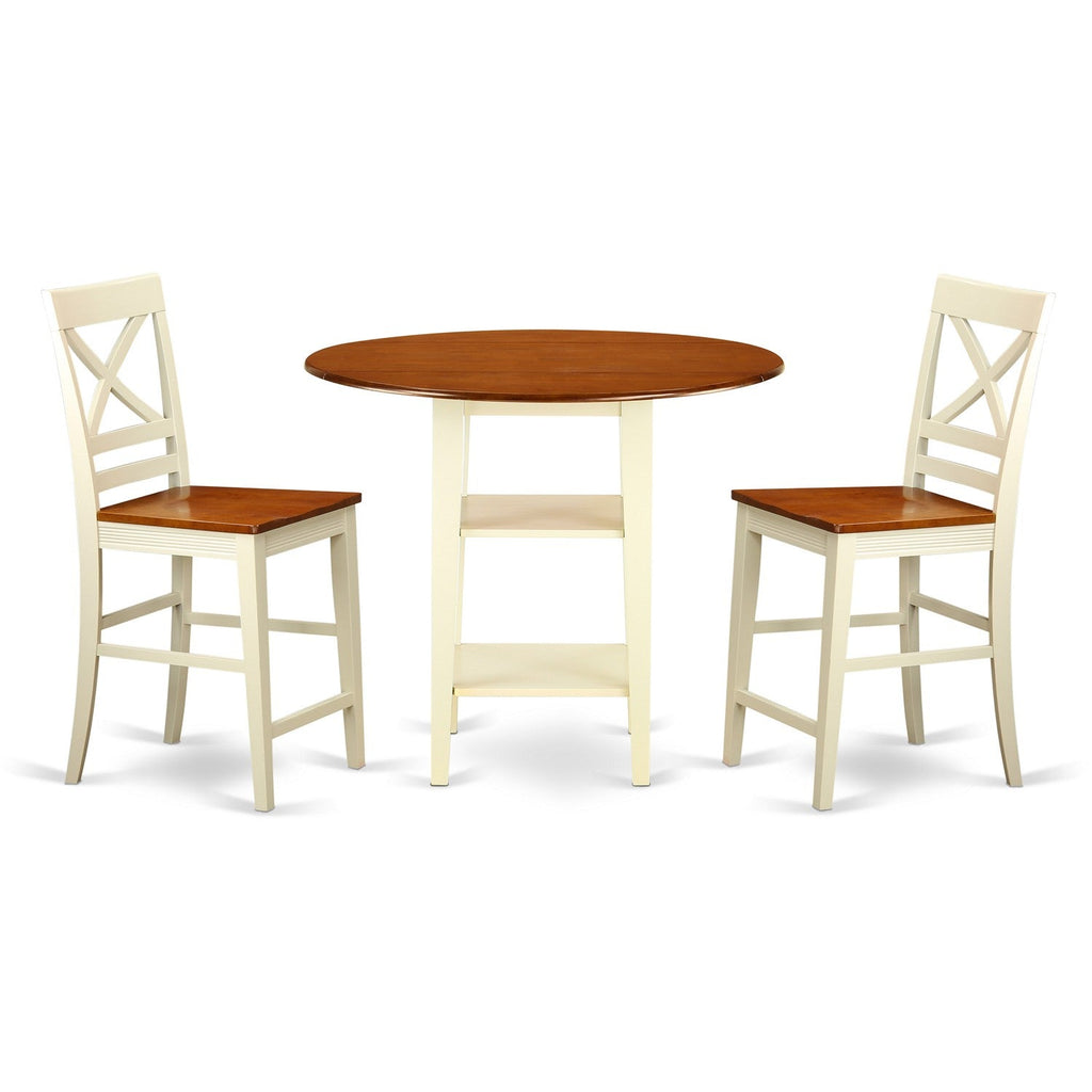 East West Furniture SUQU3H-BMK-W 3 Piece Kitchen Counter Set for Small Spaces Contains a Round Dining Room Table with Dropleaf & Shelves and 2 Dining Chairs, 42x42 Inch, Buttermilk & Cherry