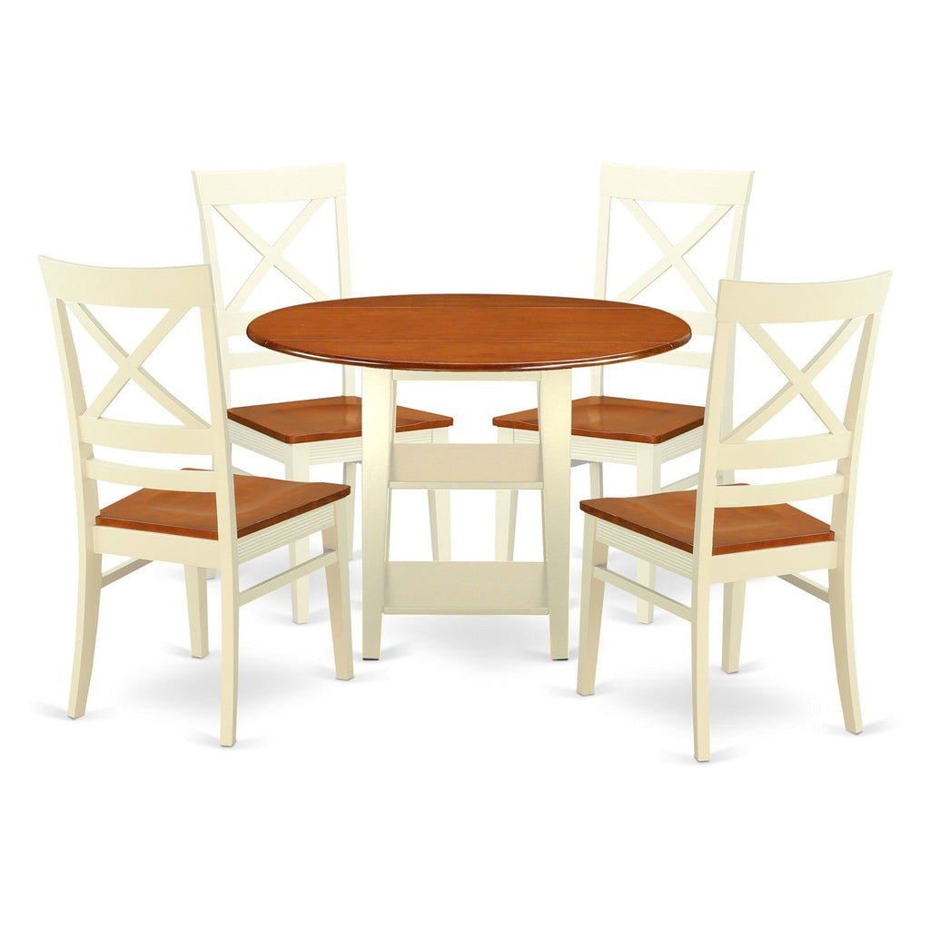 East West Furniture SUQU5-BMK-W 5 Piece Dining Room Table Set Includes a Round Kitchen Table with Dropleaf & Shelves and 4 Dining Chairs, 42x42 Inch, Buttermilk & Cherry