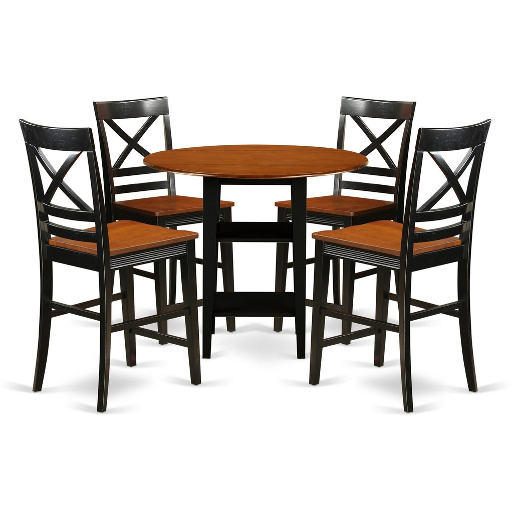 East West Furniture SUQU5H-BCH-W 5 Piece Counter Height Pub Set Includes a Round Dining Table with Dropleaf & Shelves and 4 Kitchen Chairs, 42x42 Inch, Black & Cherry