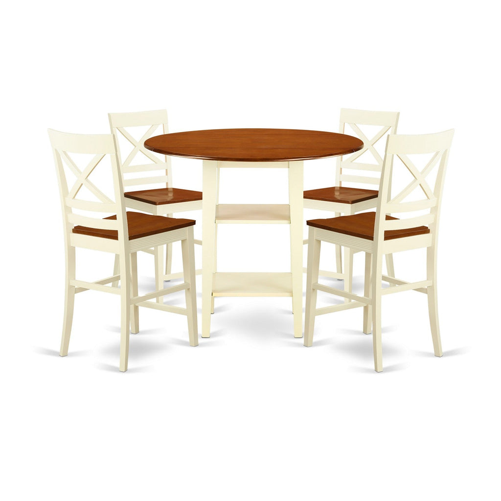 East West Furniture SUQU5H-BMK-W 5 Piece Kitchen Counter Set Includes a Round Dining Room Table with Dropleaf & Shelves and 4 Dining Chairs, 42x42 Inch, Buttermilk & Cherry