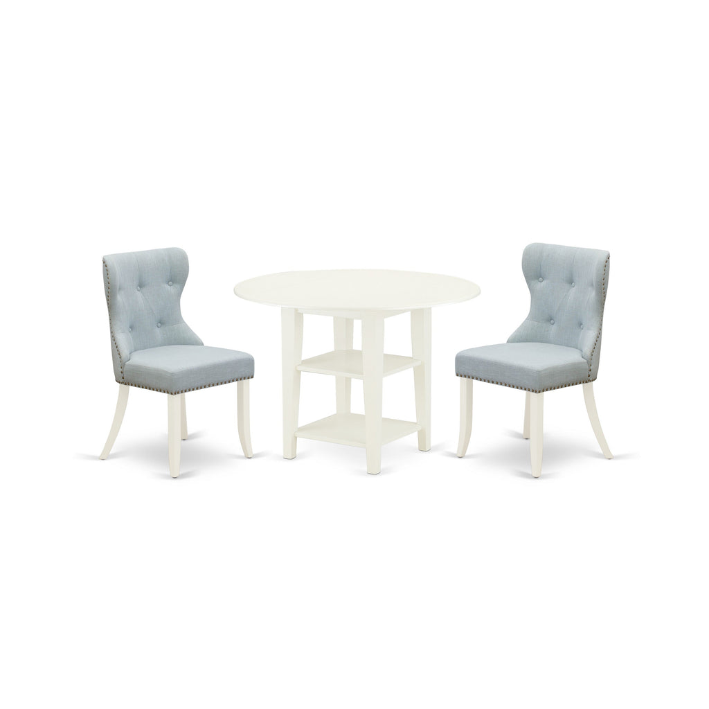 East West Furniture SUSI3-LWH-15 3 Piece Dining Set Contains a Round Dining Room Table with Dropleaf & Shelves and 2 Baby Blue Linen Fabric Upholstered Chairs, 42x42 Inch, Linen White