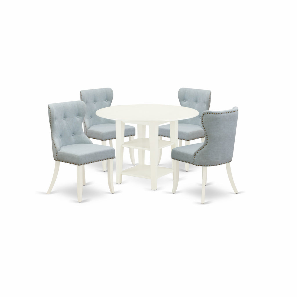 East West Furniture SUSI5-LWH-15 5 Piece Dining Set Includes a Round Dining Room Table with Dropleaf & Shelves and 4 Baby Blue Linen Fabric Upholstered Chairs, 42x42 Inch, Linen White