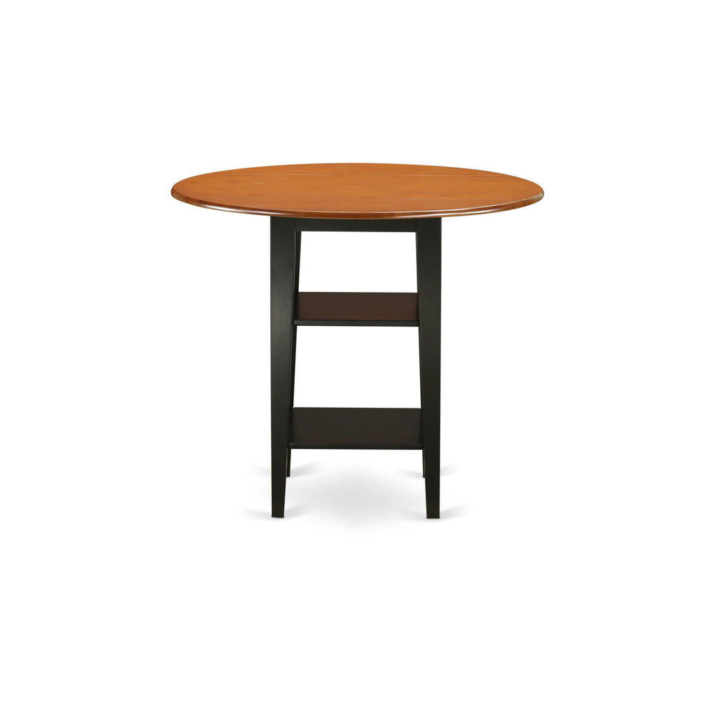 East West Furniture SUQU5H-BCH-W 5 Piece Counter Height Pub Set Includes a Round Dining Table with Dropleaf & Shelves and 4 Kitchen Chairs, 42x42 Inch, Black & Cherry