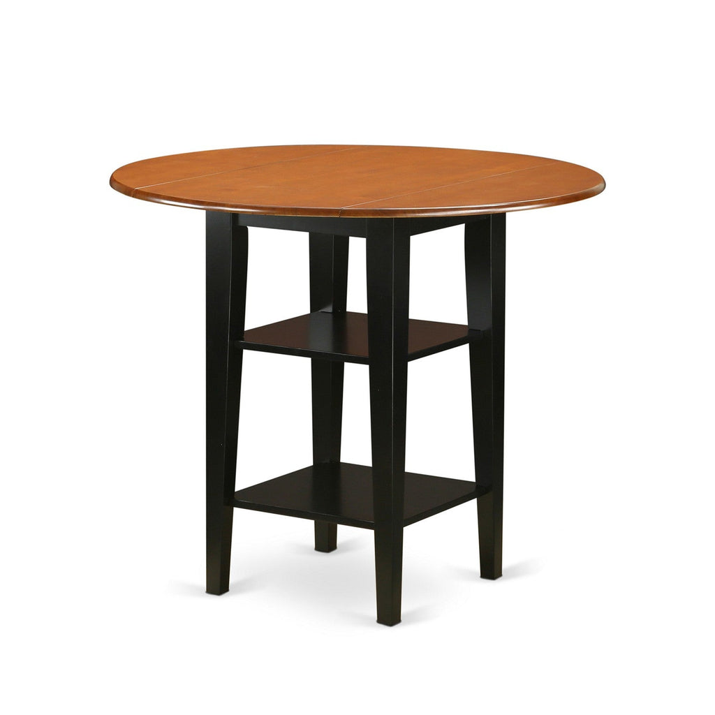 East West Furniture SUQU3H-BCH-W 3 Piece Counter Height Dining Table Set Contains a Round Kitchen Table with Dropleaf & Shelves and 2 Dining Room Chairs, 42x42 Inch, Black & Cherry