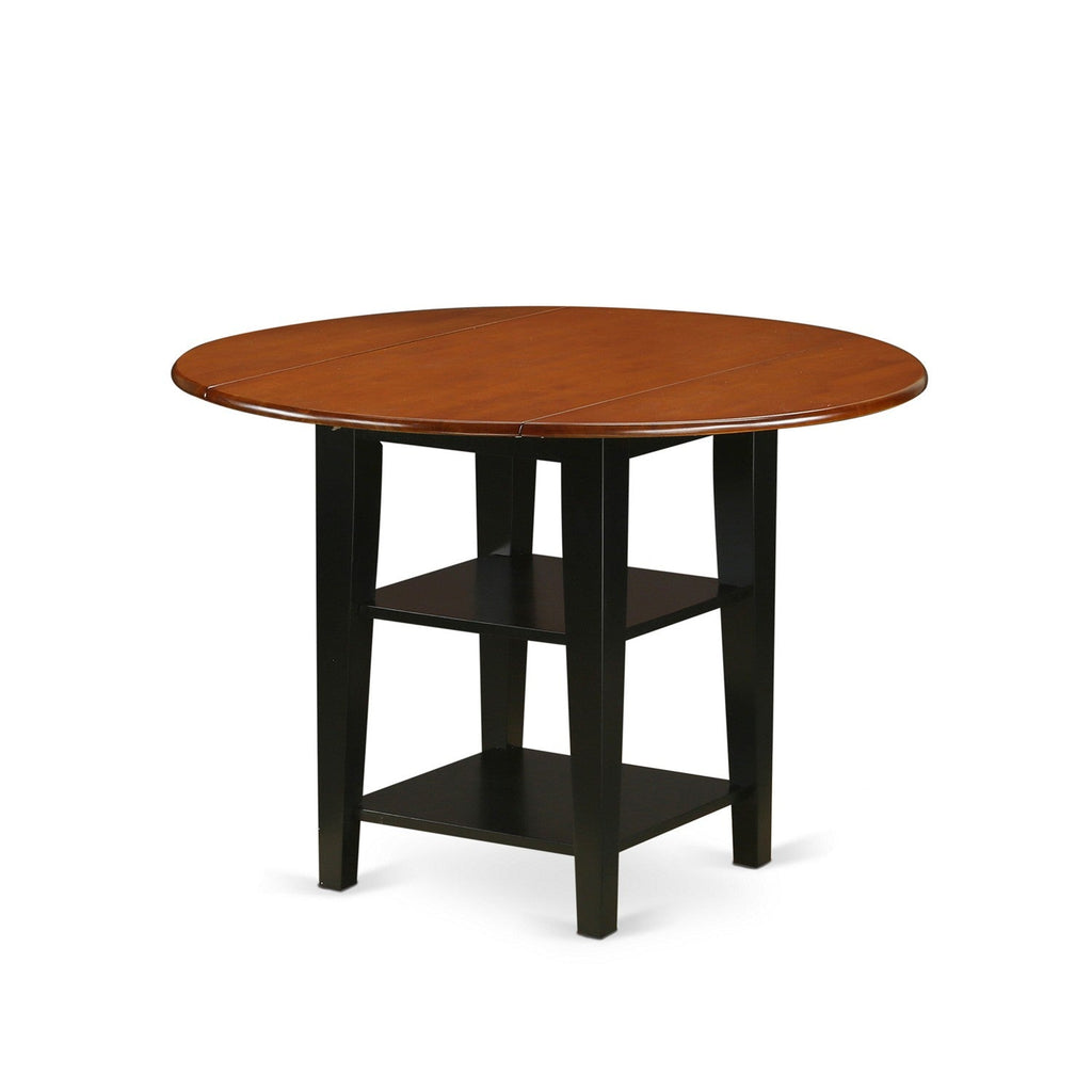 East West Furniture SUAV5-BCH-W 5 Piece Dining Room Furniture Set Includes a Round Dining Table with Dropleaf & Shelves and 4 Wood Seat Chairs, 42x42 Inch, Black & Cherry
